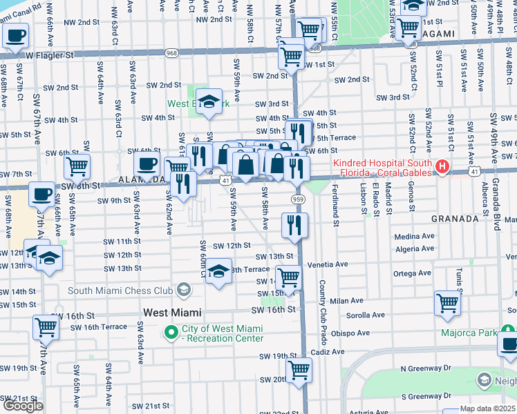 map of restaurants, bars, coffee shops, grocery stores, and more near 5824 Southwest 9th Street in West Miami