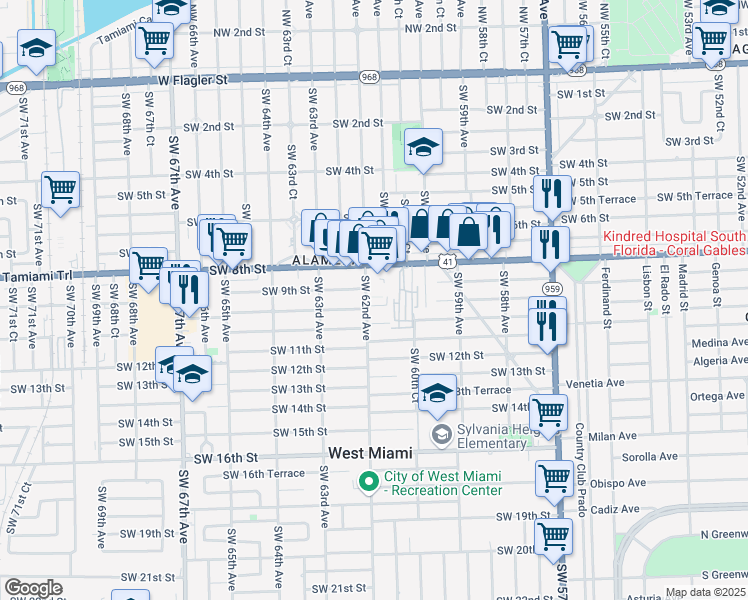 map of restaurants, bars, coffee shops, grocery stores, and more near 901 Southwest 62nd Avenue in West Miami