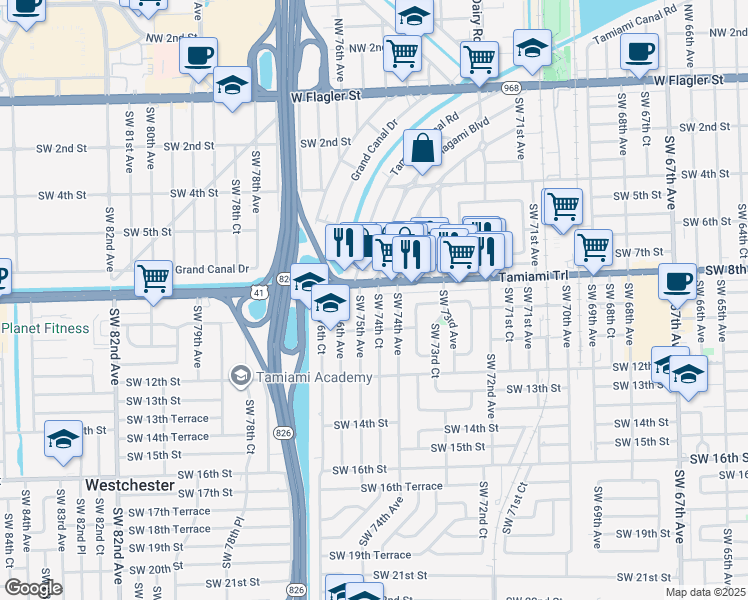 map of restaurants, bars, coffee shops, grocery stores, and more near in Coral Terrace