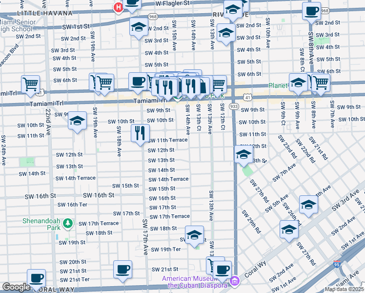 map of restaurants, bars, coffee shops, grocery stores, and more near 1400 Southwest 11th Terrace in Miami
