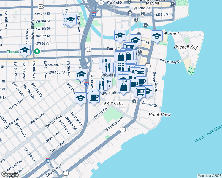 map of restaurants, bars, coffee shops, grocery stores, and more near 145 Southwest 13th Street in Miami