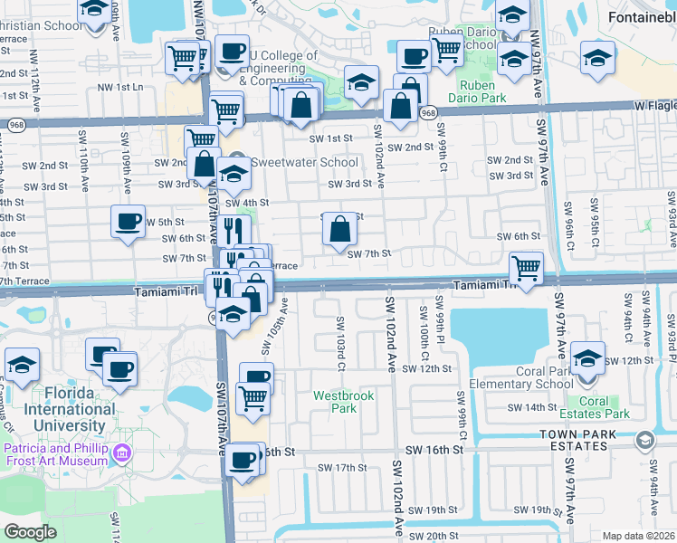 map of restaurants, bars, coffee shops, grocery stores, and more near 10301 Southwest 7th Terrace in Miami