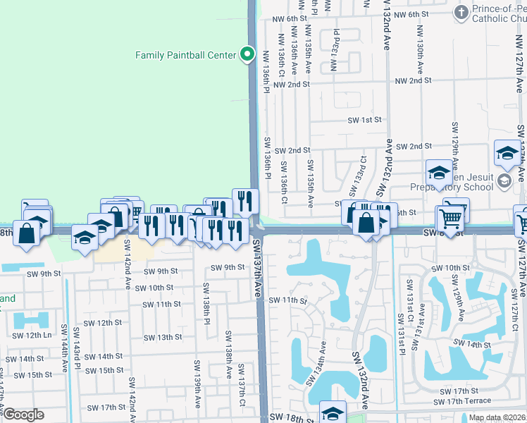map of restaurants, bars, coffee shops, grocery stores, and more near 510 Southwest 136th Place in Miami