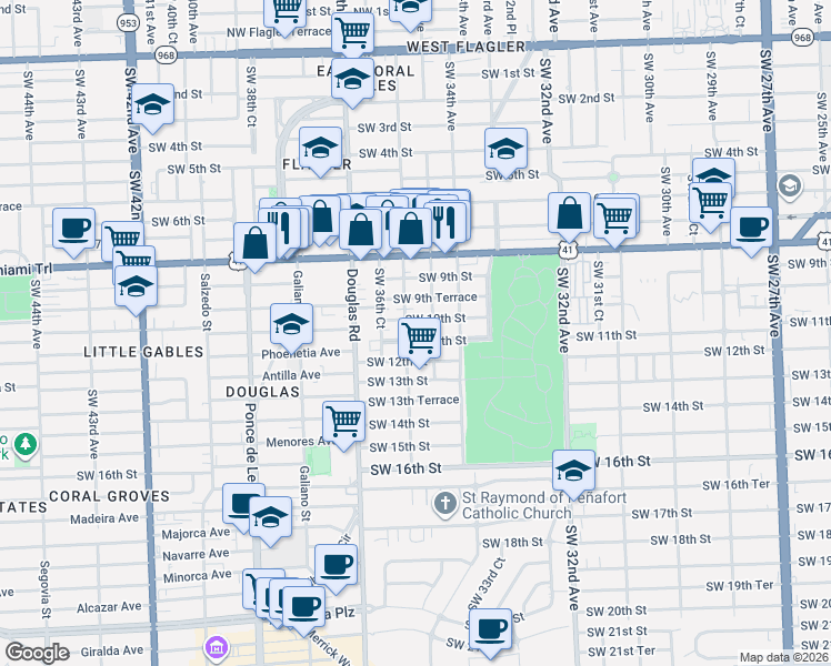 map of restaurants, bars, coffee shops, grocery stores, and more near 3600 Southwest 10th Street in Miami