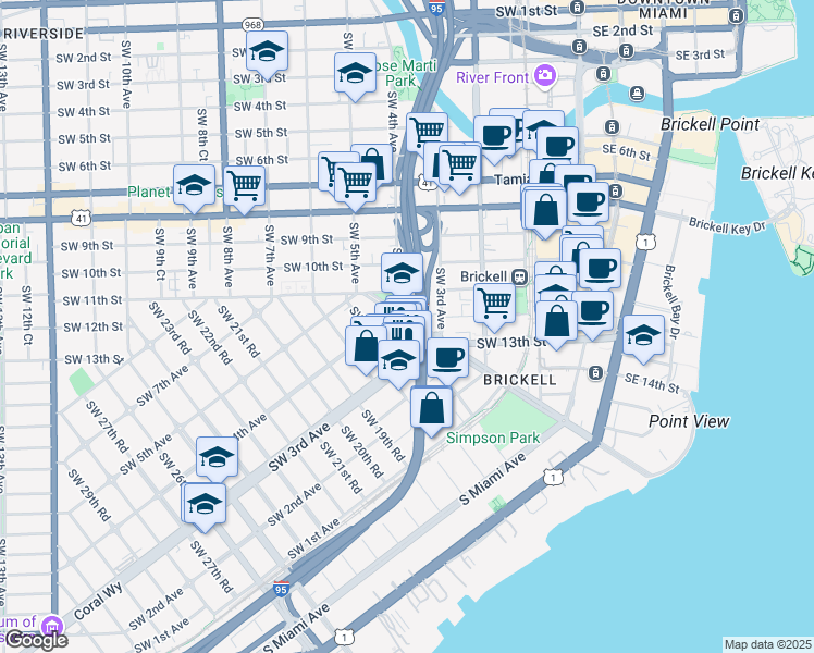 map of restaurants, bars, coffee shops, grocery stores, and more near 375 Southwest 15th Road in Miami