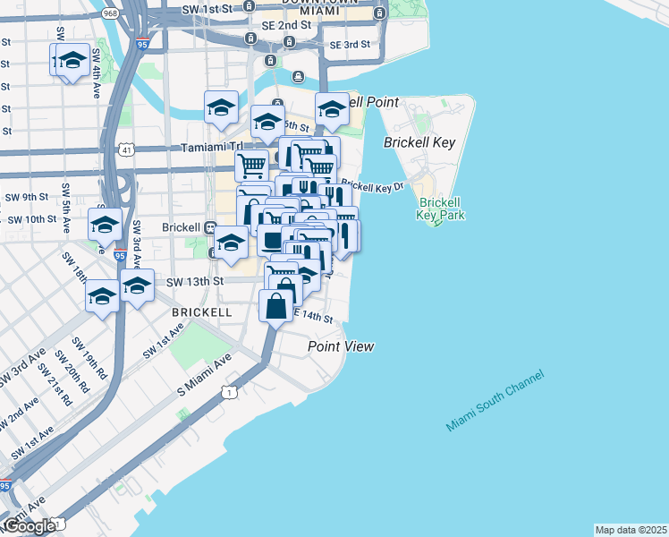 map of restaurants, bars, coffee shops, grocery stores, and more near 1111 Brickell Avenue in Miami