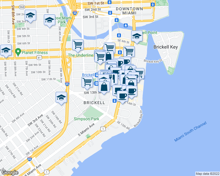 map of restaurants, bars, coffee shops, grocery stores, and more near 1200 Brickell Avenue in Miami