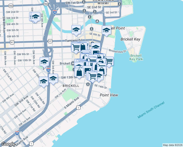 map of restaurants, bars, coffee shops, grocery stores, and more near 1200 Brickell Avenue in Miami