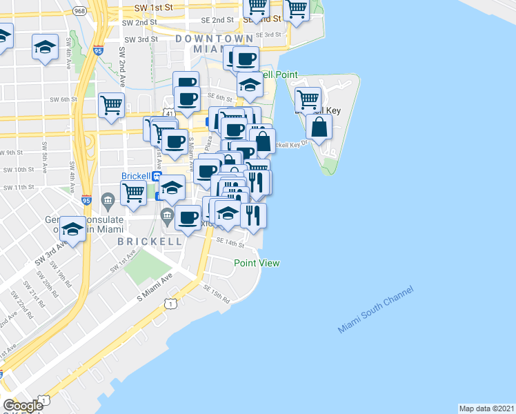 map of restaurants, bars, coffee shops, grocery stores, and more near 691 East Flagler Street in Miami
