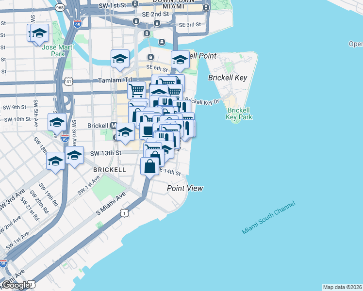 map of restaurants, bars, coffee shops, grocery stores, and more near 1111 Brickell Avenue in Miami