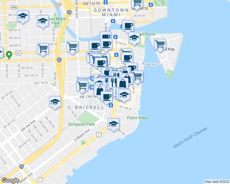 map of restaurants, bars, coffee shops, grocery stores, and more near in Miami