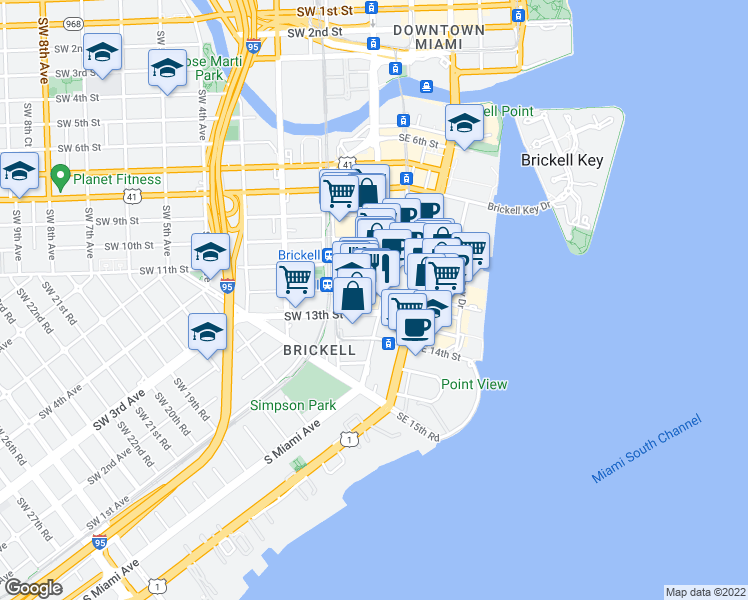 map of restaurants, bars, coffee shops, grocery stores, and more near 1250 South Miami Avenue in Miami