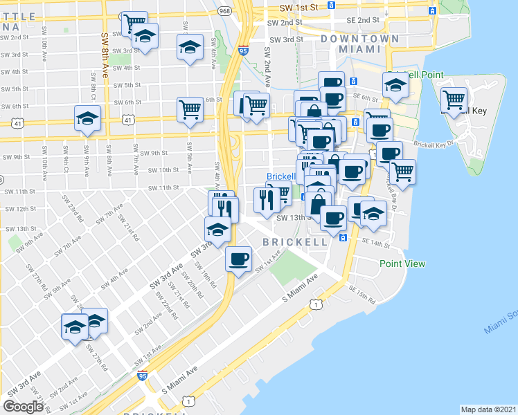 map of restaurants, bars, coffee shops, grocery stores, and more near 1180 Southwest 2nd Avenue in Miami