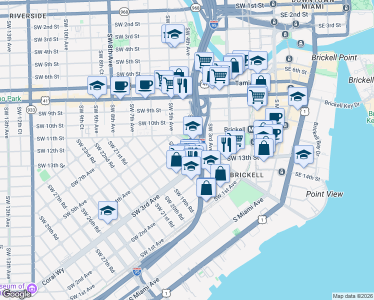 map of restaurants, bars, coffee shops, grocery stores, and more near 375 Southwest 15th Road in Miami