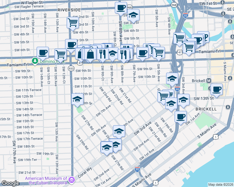 map of restaurants, bars, coffee shops, grocery stores, and more near 770 Southwest 21st Road in Miami