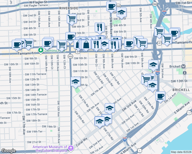 map of restaurants, bars, coffee shops, grocery stores, and more near 2250 Southwest 9th Avenue in Miami