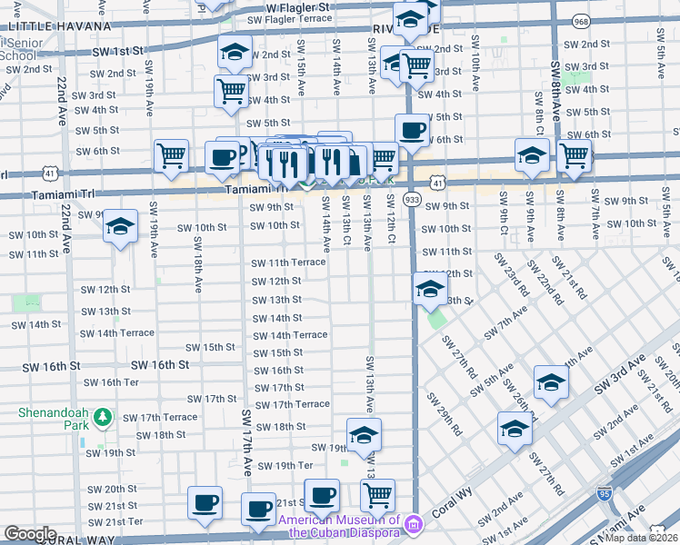 map of restaurants, bars, coffee shops, grocery stores, and more near 1400 Southwest 11th Terrace in Miami