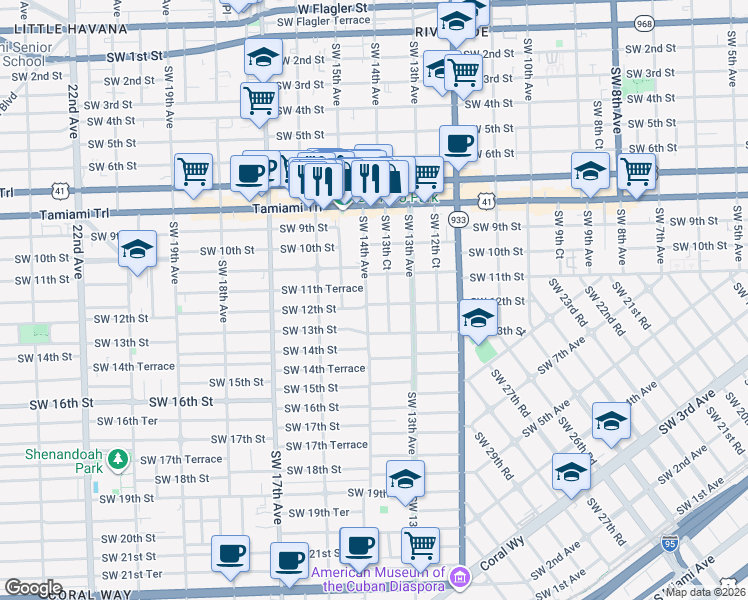 map of restaurants, bars, coffee shops, grocery stores, and more near 1400 Southwest 11th Terrace in Miami