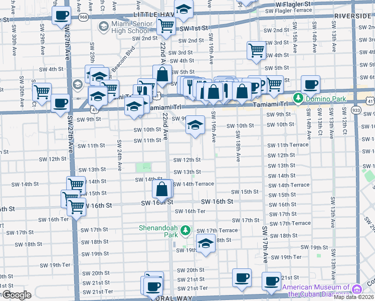 map of restaurants, bars, coffee shops, grocery stores, and more near 2110 Southwest 11th Street in Miami
