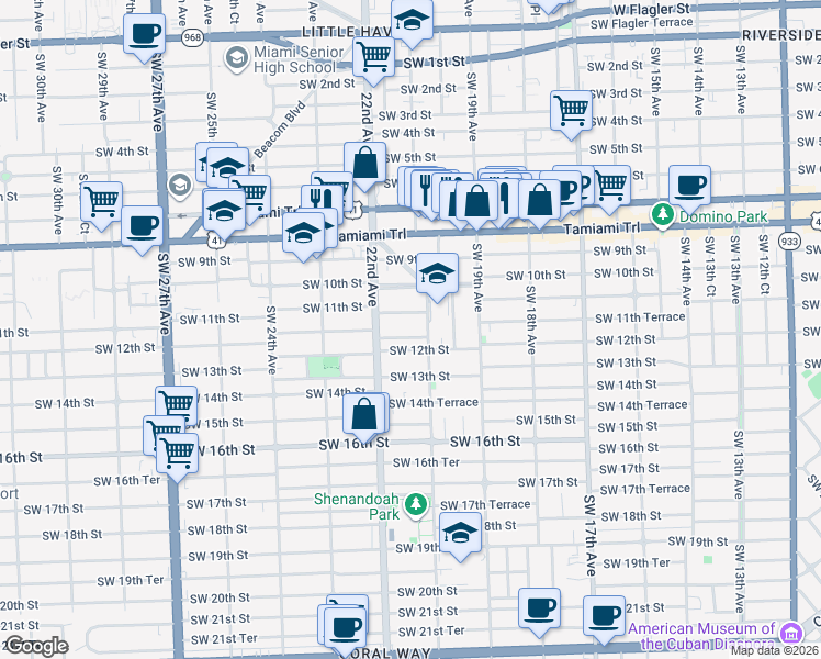 map of restaurants, bars, coffee shops, grocery stores, and more near 2110 Southwest 11th Street in Miami