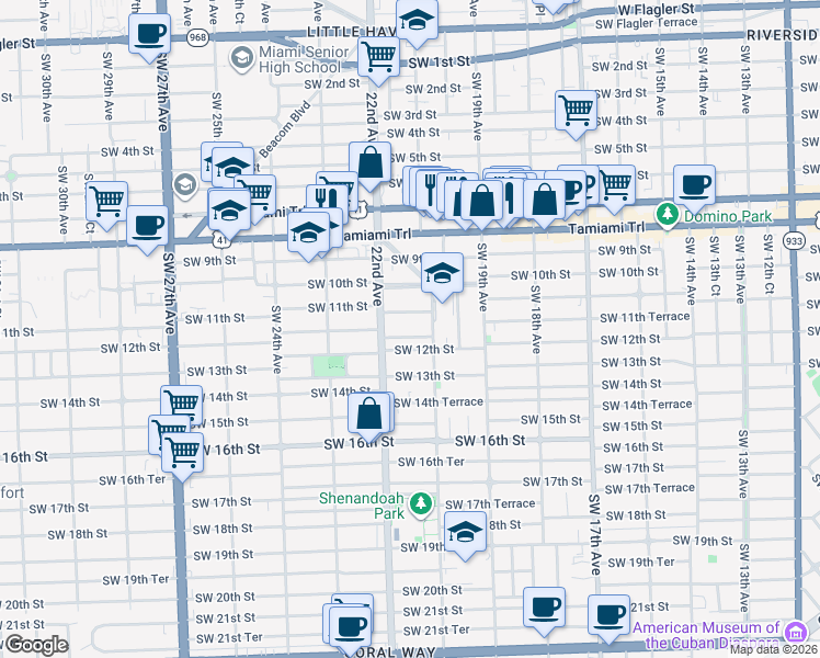 map of restaurants, bars, coffee shops, grocery stores, and more near 2110 Southwest 11th Street in Miami