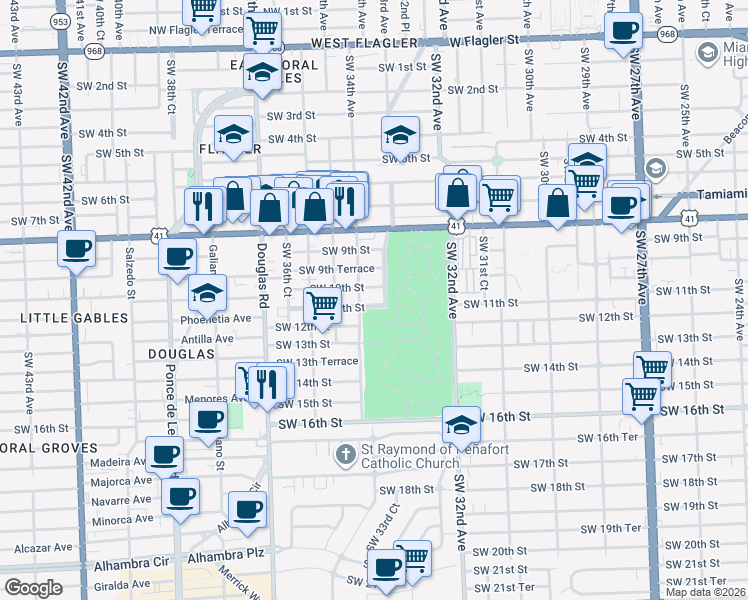 map of restaurants, bars, coffee shops, grocery stores, and more near 3300-3302 Southwest 10th Street in Miami