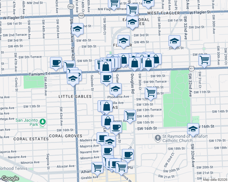map of restaurants, bars, coffee shops, grocery stores, and more near 912 East Ponce De Leon Boulevard in Coral Gables