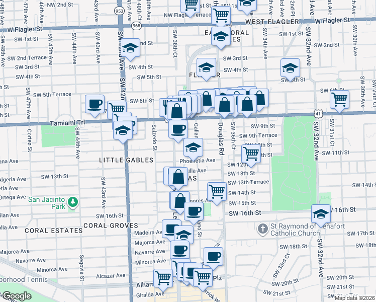 map of restaurants, bars, coffee shops, grocery stores, and more near 912 East Ponce De Leon Boulevard in Coral Gables