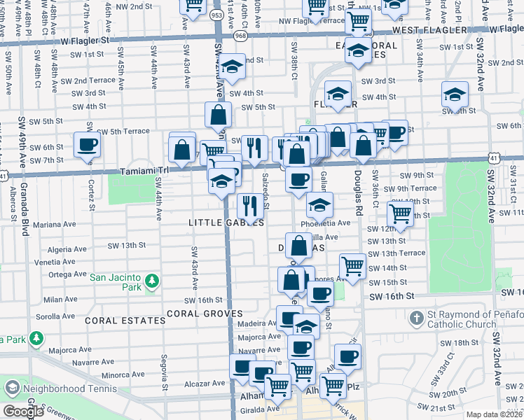 map of restaurants, bars, coffee shops, grocery stores, and more near 230 Calabria Avenue in Coral Gables