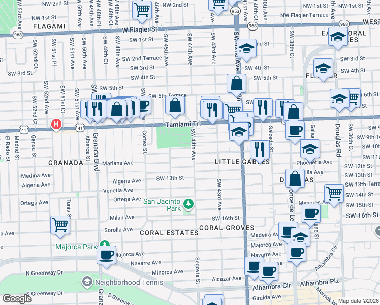 map of restaurants, bars, coffee shops, grocery stores, and more near 4440 Southwest 9th Lane in Miami