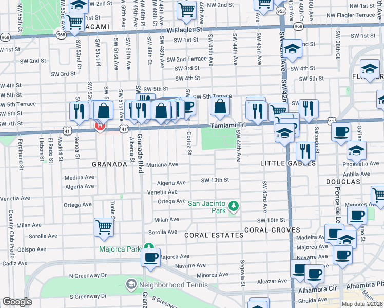 map of restaurants, bars, coffee shops, grocery stores, and more near 845 Lorca Street in Miami