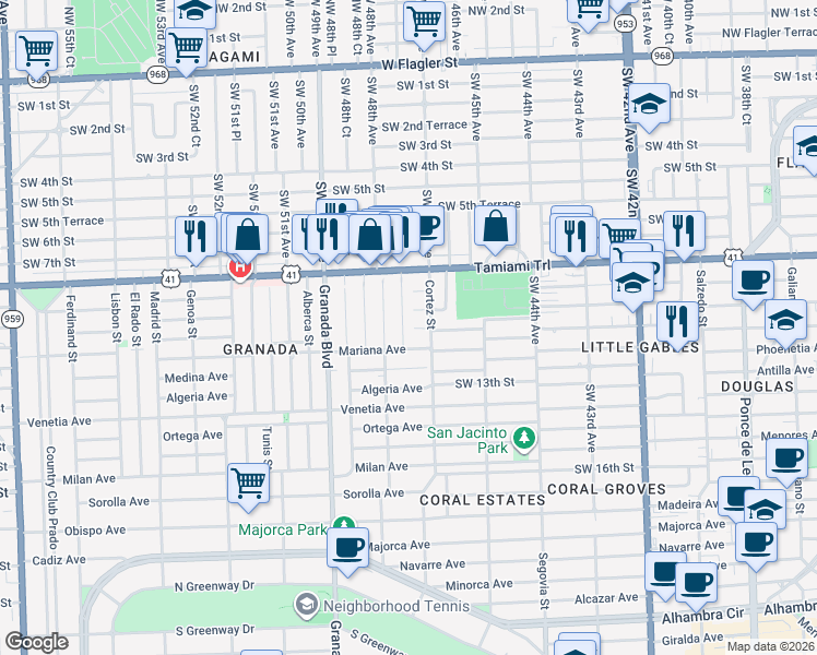 map of restaurants, bars, coffee shops, grocery stores, and more near 909 Santiago Street in Coral Gables