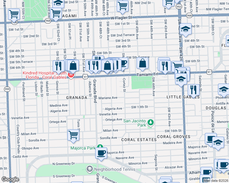 map of restaurants, bars, coffee shops, grocery stores, and more near 909 Santiago Street in Coral Gables