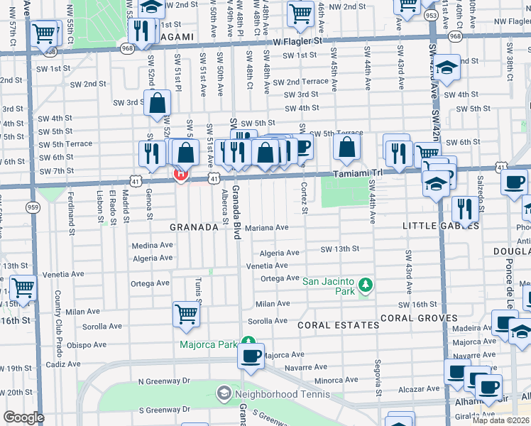 map of restaurants, bars, coffee shops, grocery stores, and more near 911 Monterey Street in Coral Gables