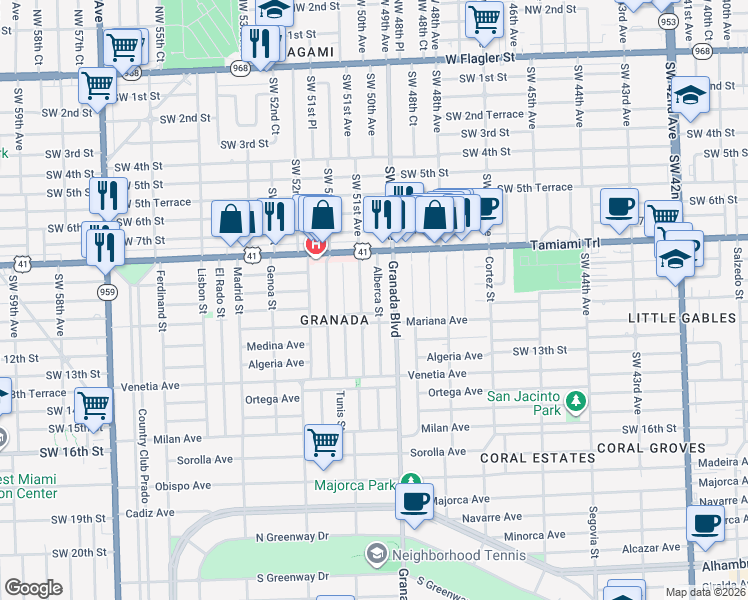 map of restaurants, bars, coffee shops, grocery stores, and more near 840 Granada Groves Court in Coral Gables