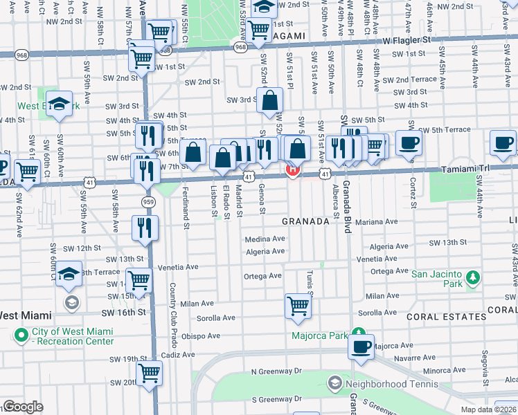 map of restaurants, bars, coffee shops, grocery stores, and more near 1255 Aguila Avenue in Coral Gables