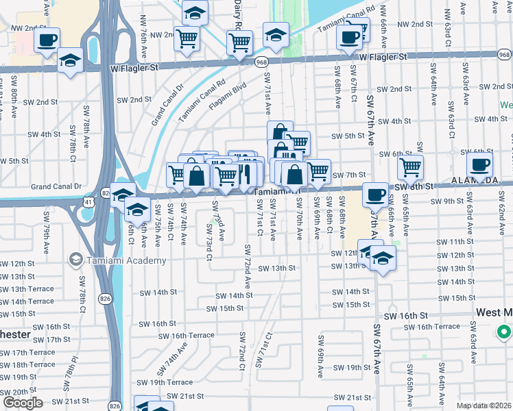 map of restaurants, bars, coffee shops, grocery stores, and more near 7190 Southwest 8th Street in Miami