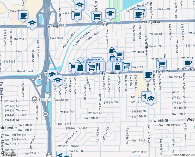 map of restaurants, bars, coffee shops, grocery stores, and more near 7190 Southwest 8th Street in Miami