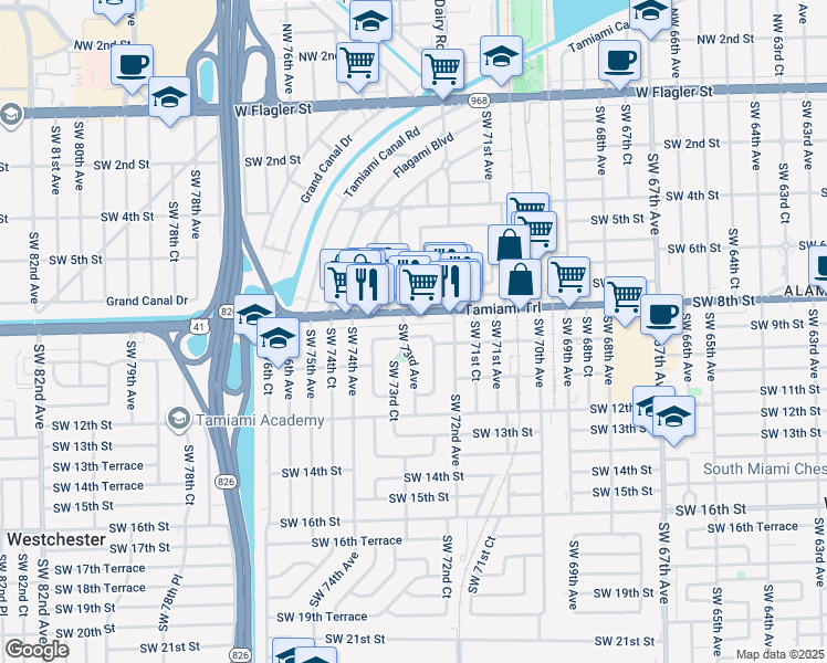 map of restaurants, bars, coffee shops, grocery stores, and more near in West Miami
