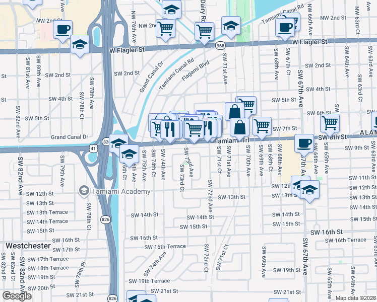 map of restaurants, bars, coffee shops, grocery stores, and more near in West Miami