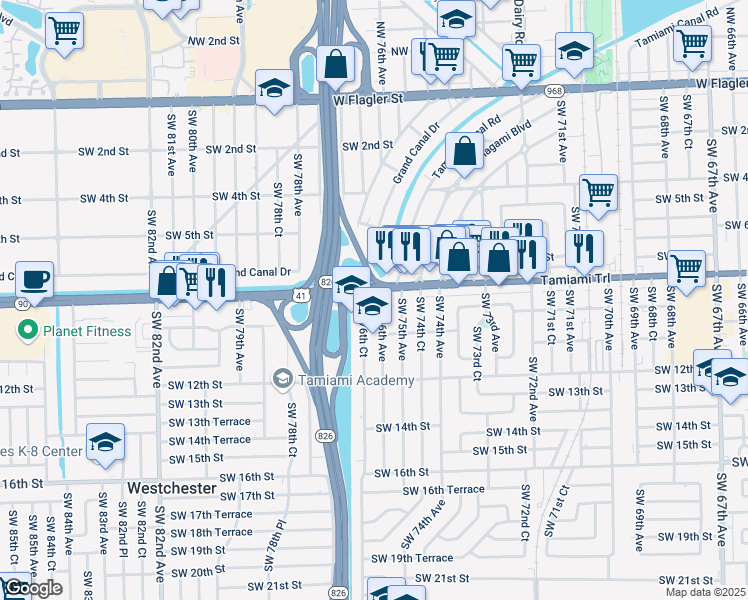 map of restaurants, bars, coffee shops, grocery stores, and more near 7610-7648 Southwest 8th Street in Miami
