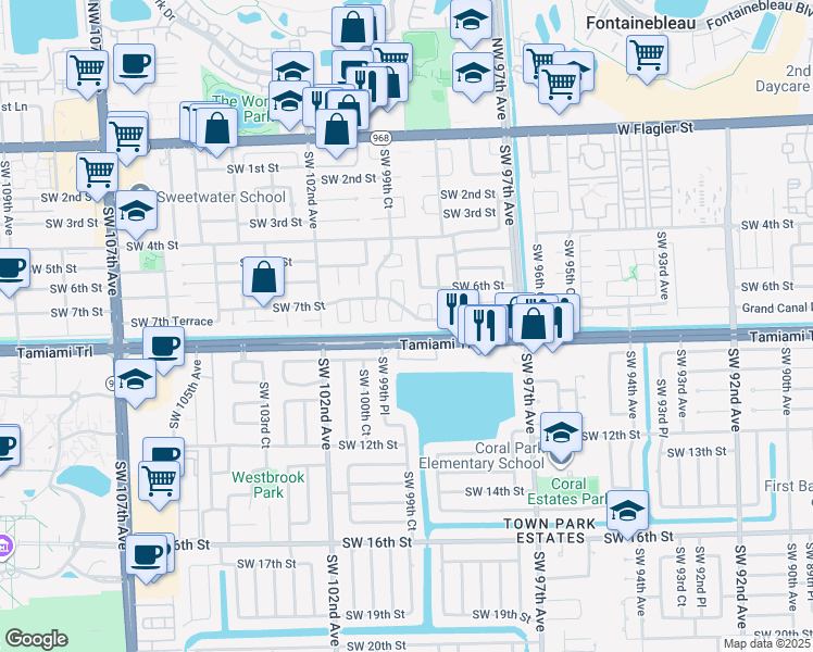 map of restaurants, bars, coffee shops, grocery stores, and more near 750 Southwest 98th Place in Miami