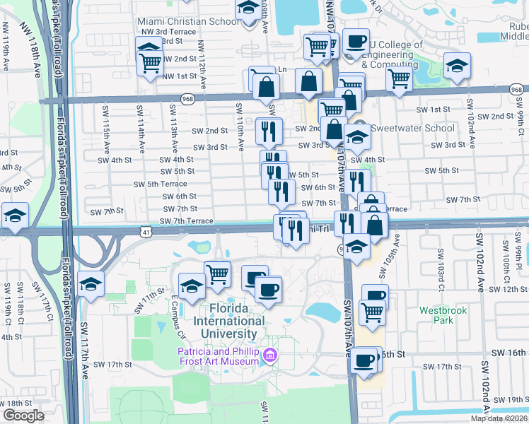 map of restaurants, bars, coffee shops, grocery stores, and more near 10950 Southwest 7th Street in Miami