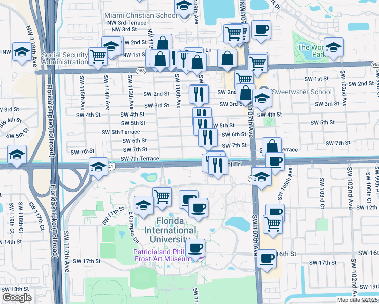 map of restaurants, bars, coffee shops, grocery stores, and more near 11003 Southwest 7th Street in Miami