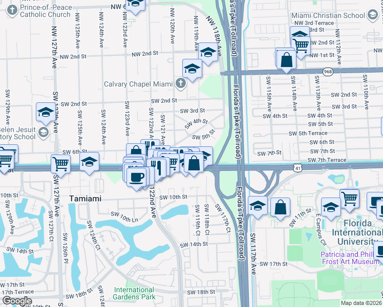 map of restaurants, bars, coffee shops, grocery stores, and more near 11925 Southwest 6th Street in Miami