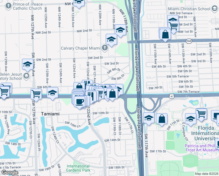 map of restaurants, bars, coffee shops, grocery stores, and more near 11925 Southwest 6th Street in Miami