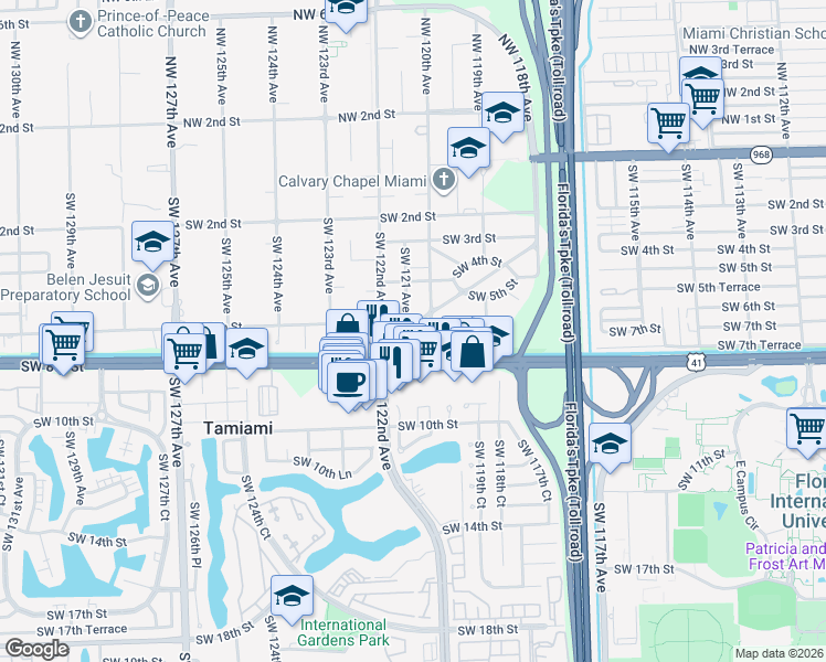 map of restaurants, bars, coffee shops, grocery stores, and more near 590 Southwest 120th Avenue in Miami
