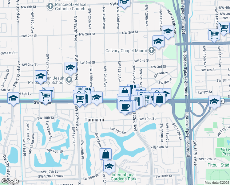map of restaurants, bars, coffee shops, grocery stores, and more near 12385 Southwest 6th Street in Miami