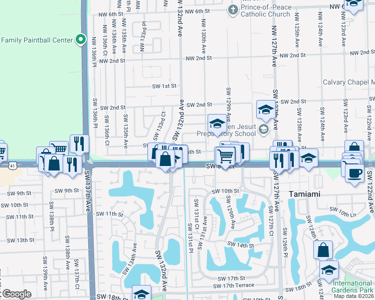 map of restaurants, bars, coffee shops, grocery stores, and more near 550 Southwest 131st Court in Miami