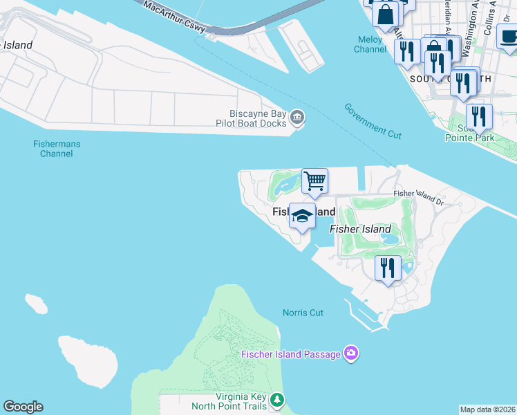 map of restaurants, bars, coffee shops, grocery stores, and more near 7021 Fisher Island Drive in Miami Beach